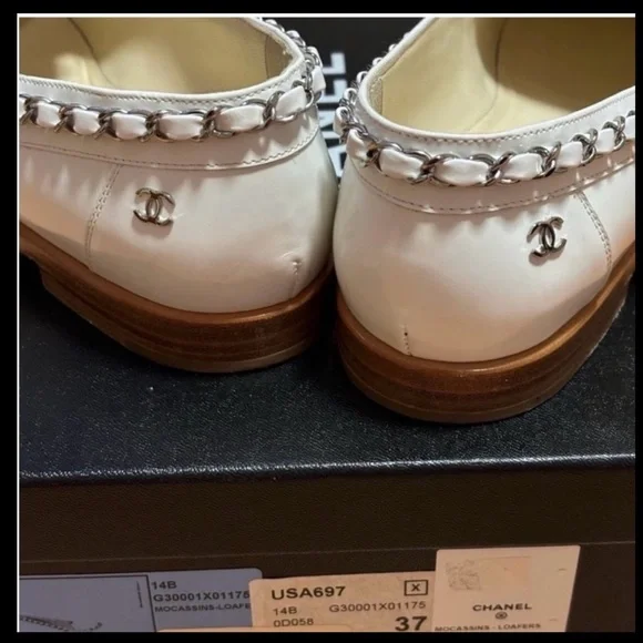 CHANEL Cream Loafers with Silver Chain Detail - Picture 6 of 8